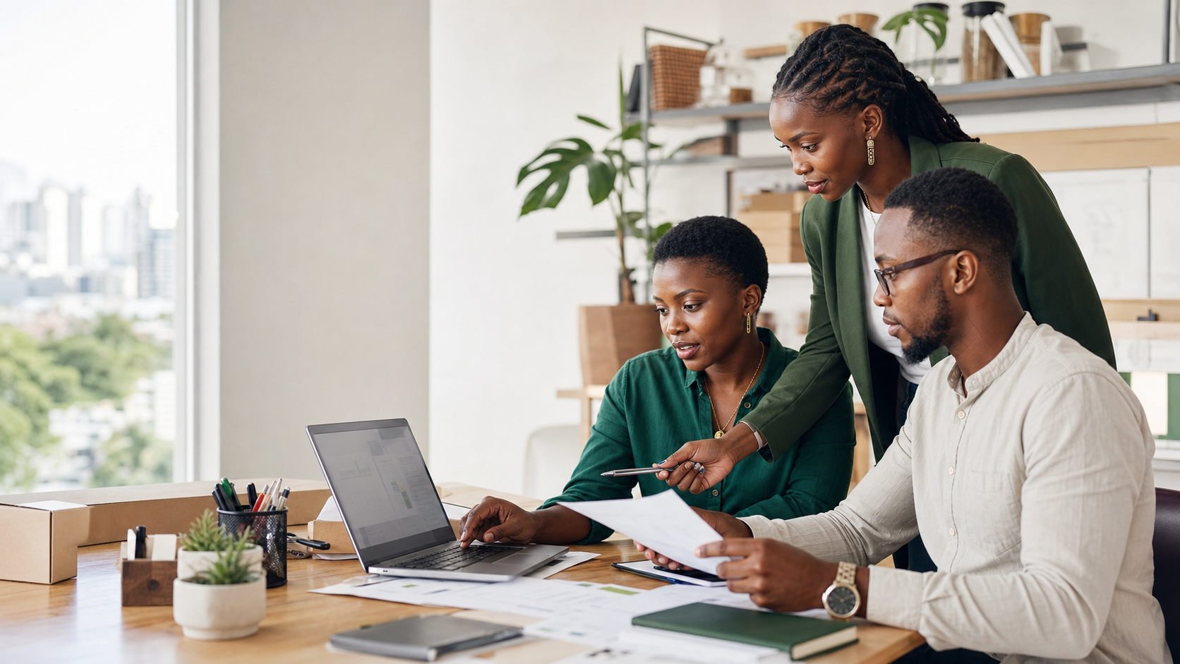 Illustrative scene of a Kenyan business team reviewing company work together in Nairobi